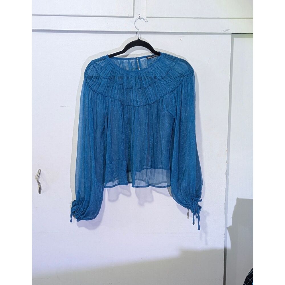 Zara Shimmery dark Turquoise sheer Blouse sz. S - Picture 2 of 7